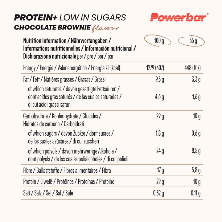 Nährwerte und Zutaten Powerbar Protein Plus Low Sugar Multiflavour Box (Schokolade, Vanille, Himbeere, Joghurt, Brownie, Espresso, 16 Stk., 560 g)