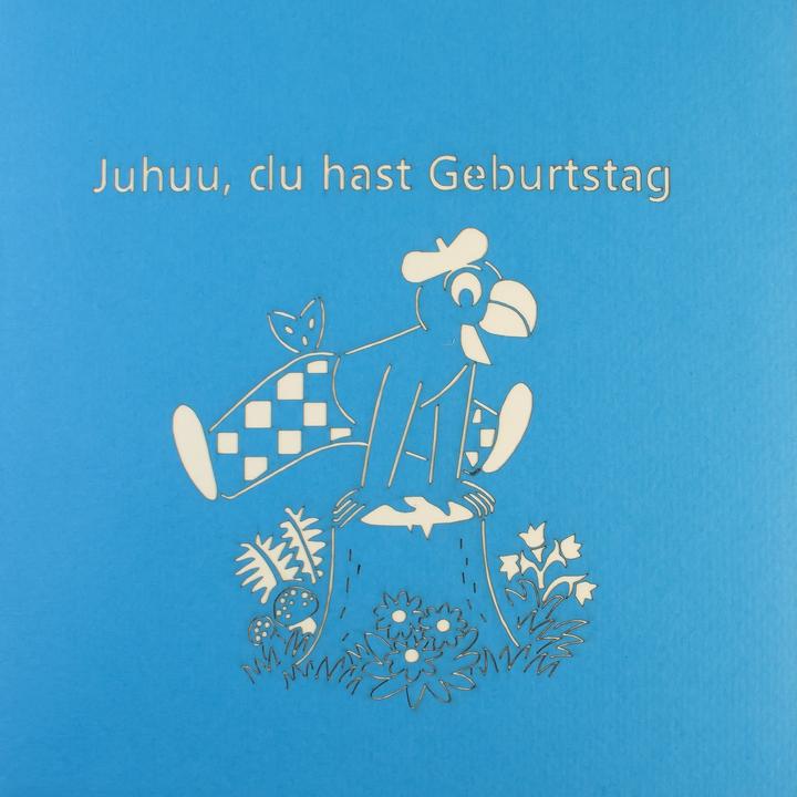 Produktbild Hervorragend 3D Pop-up-Karte Globi springt über Baumstamm Herzlichen Glückwunsch blau (1 Stk.)