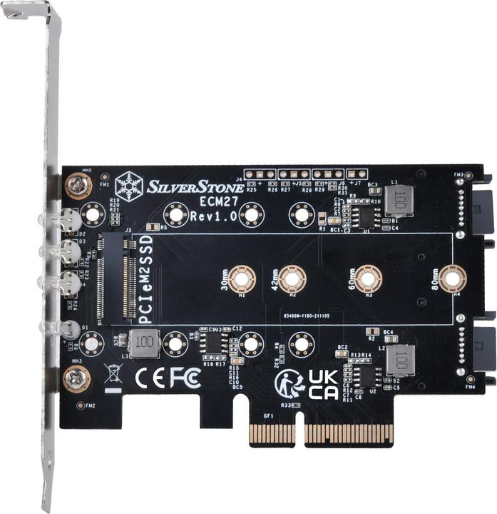 Produktbild Silverstone SST-ECM27 M.2/SATA Adapterkarte, PCIe 4.0, 1x M-Key, 2x SATA 6G - Low Profile