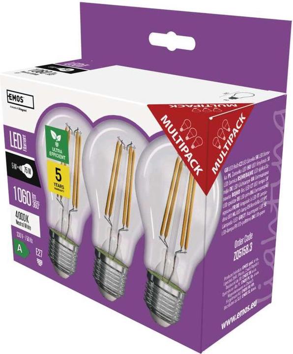 Emos LED Lampe Filament A60 / E27 / 5 W (75 W) / 1 060 lm / Neutralweiss (E27, 5 W, 1060 lm, 3 x, A)