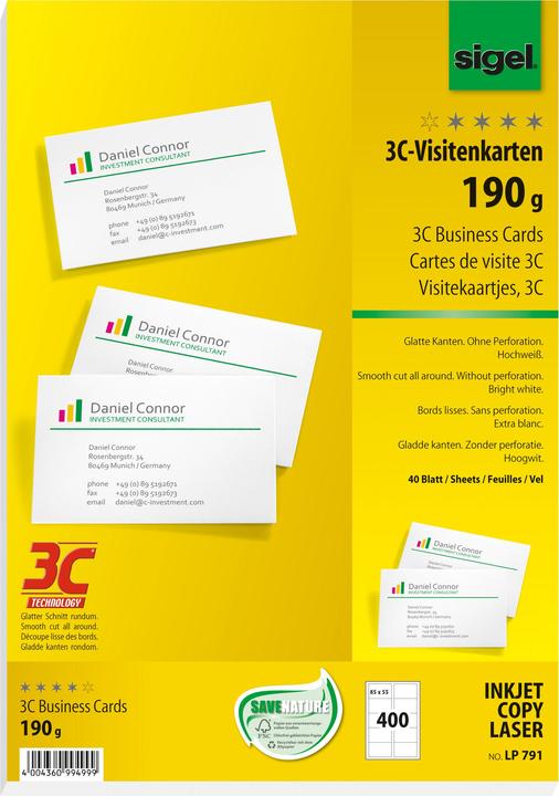 Image du produit Sigel Cartes de visite 3C (190 g/m², 400 x, A4)