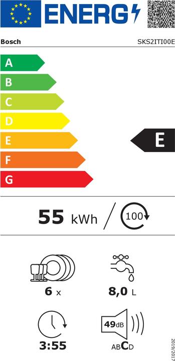 Etichetta energetica Bosch Hausgeräte Serie 2, Lavastoviglie compatta a libera installazione, 55 cm, Acciaio spazzolato con antimpronta