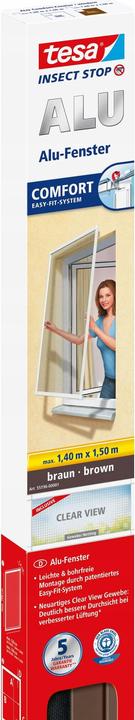 Produktbild tesa Insektenschutz Alu COMFORT für Fenster, mit Rahmen aus Aluminium, ohne Bohren (140 x 150 cm)