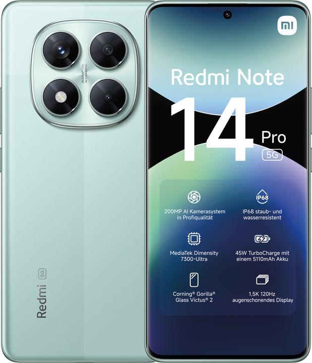Productafbeelding Xiaomi Redmi Note 14 Pro 5G (256 GB, Koraalgroen, 6.67", Dubbele SIM, 200 Mpx, 5G)
