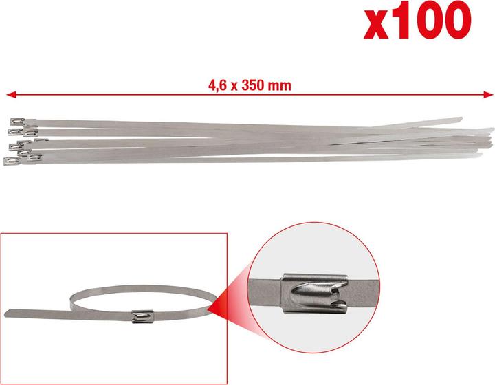 Produktbild KS Tools Edelstahl Kabelbinder mit Kugelverschluss, 4,6x350mm, 100 Stück (Metallkabelbinder, 350 mm, 1 Stk.)