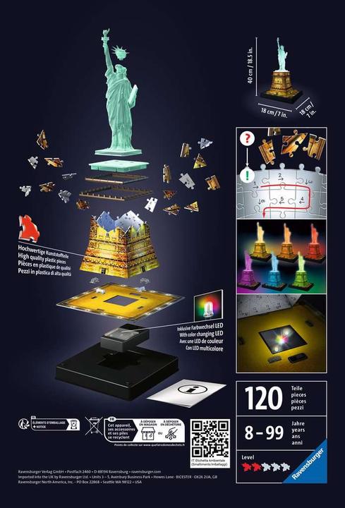 Productafbeelding Ravensburger 3D puzzel Vrijheidsbeeld Nacht Editie (108 onderdelen)