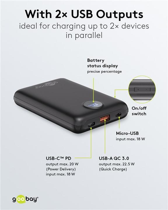 Produktbild Goobay Powerbank Kompakt 10.000 mAh (10000 mAh, 22.50 W, 38.50 Wh)