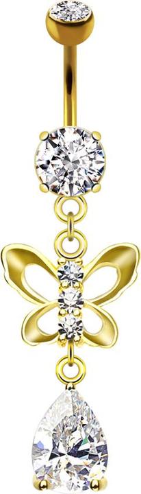 Produktbild Star Piercing Banane 14k vergoldet mit zwei Kugeln Kristall silber Anhänger Schmetterling und Kristalltropfen (Messing, Chirurgenstahl 316L)
