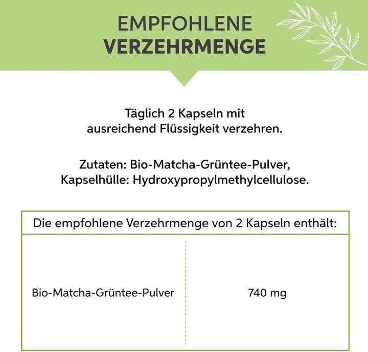 Nährwerte und Zutaten Eltabia Bio Matcha Grüntee Extrakt Kapseln | 100% rein ohne Zusatzstoffe (100 Stück, Kapseln)