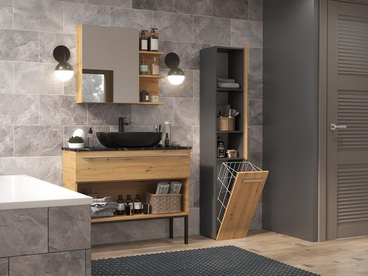 Actual product image Topeshop NEL IV ANT/ART Storage Cupboard for Bathroom Graphite Oak (174 x 31 x 31 cm)