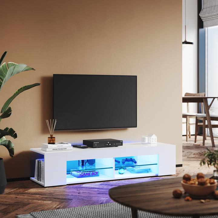 Produktbild SONNI TV-Lowpanel, TV-Schrank, TV-Tisch 135x39x30cm weisser Hochglanzschrank mit LED-Beleuchtung, Gla (135 x 39 x 30 cm)