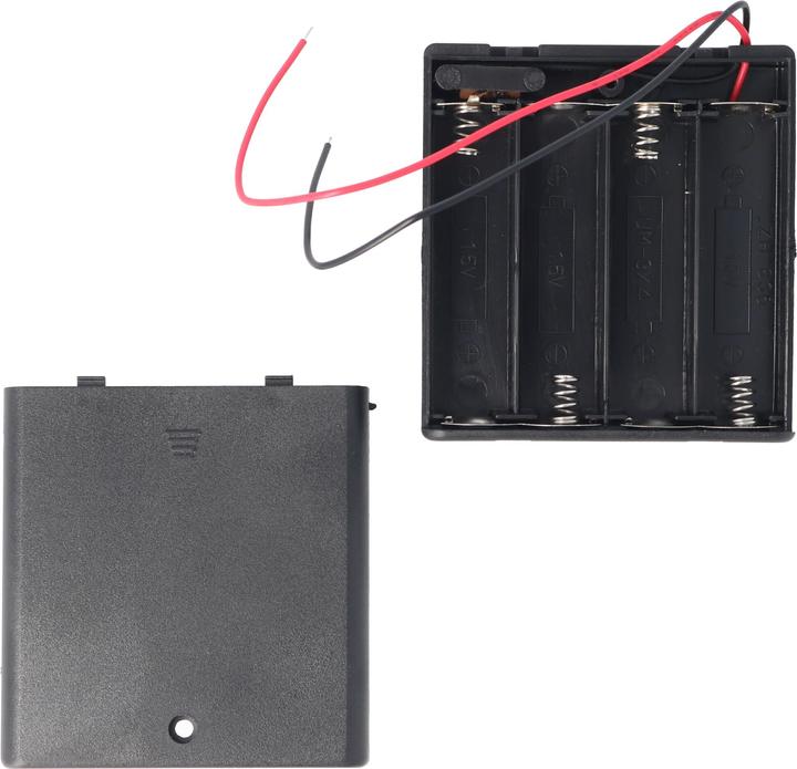 XCell AccuCell Batteriehalter für 4 Stück Mignon AA HR-3, LR6 Batterien oder Akkus mit Deckel und Kabel