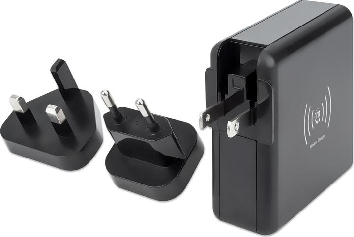 Actual product image Manhattan 4-in-1 Travel Charger and Powerbank 8,000 mAh One 5 W wireless induction charging pad, two 12 W USB (8000 mAh, 5 W, 29.60 Wh)