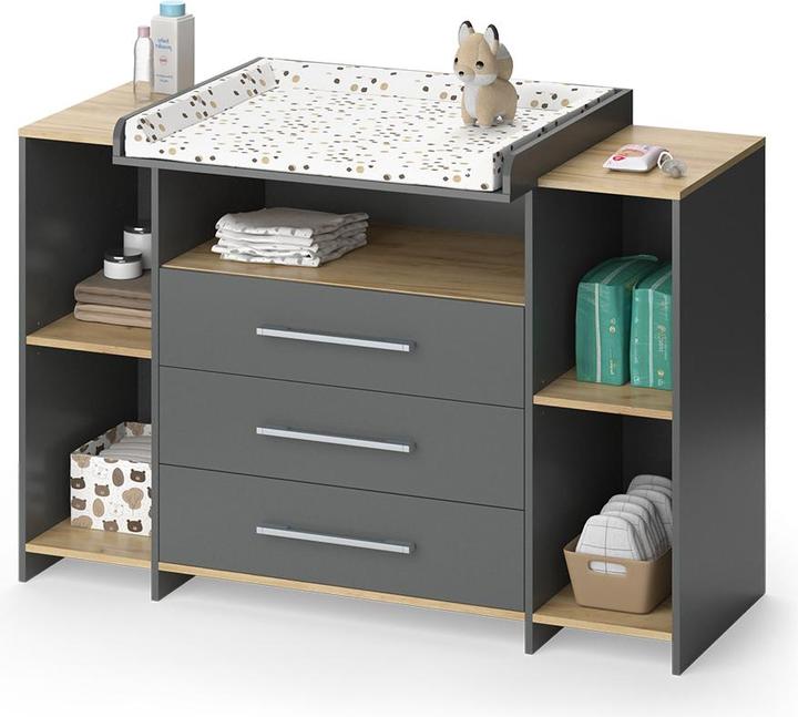 Produktbild Vichy Wickelkommode Oskar, Anthrazit/Goldkraft Eiche, 143.2 x 93 cm mit 3 Schubladen