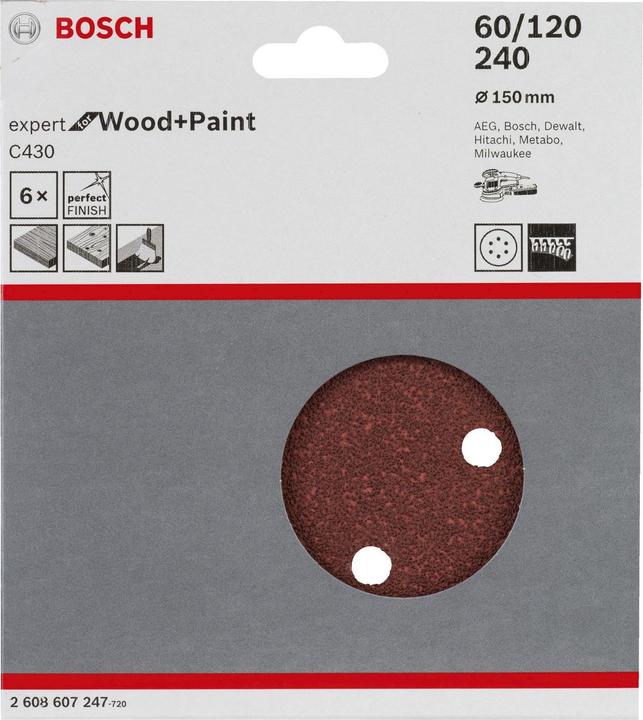 Produktbild Bosch Professional Zubehör Schleifblatt C430, 150 mm, 60, 120, 240, 6 Löcher, Klett, 6er-Pack (60, 120, 240)