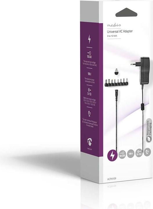 Image du produit Nedis Adaptateur secteur universel 7.5 W 3-12 V DC 1.10 m 2.0 A 8 Plug(s) Black (18 W)