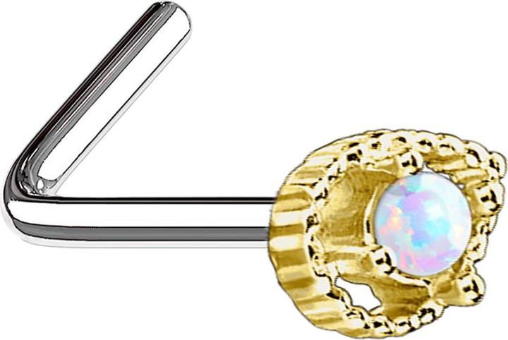 Immagine prodotto Star Piercing Nasenstecker gewinkelt 14k vergoldet Tropfen mit Opal weiss (Acciaio chirurgico 316L, Ottone)