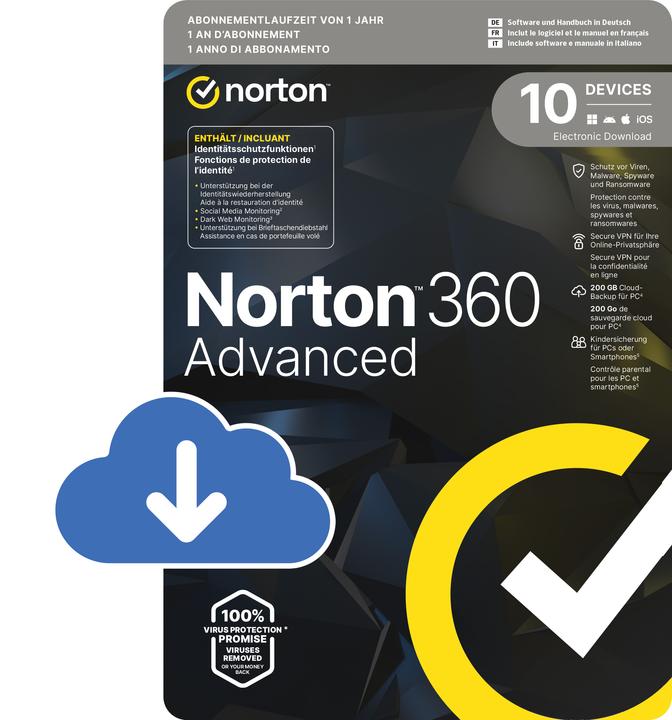 Norton 360 Advanced (200 GB) (1 User, 10 Devices/Users, 12 months)
