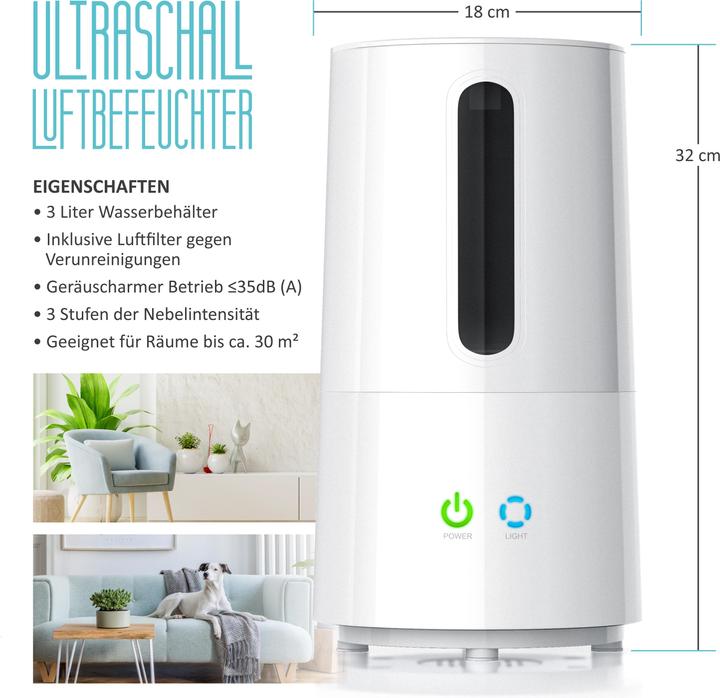 Produktbild Arendo Luftbefeuchter, 3 l Wassertank, Ultraschall, mit Aroma Reservoir, Regulierung der Nebelstärke (25 m²)