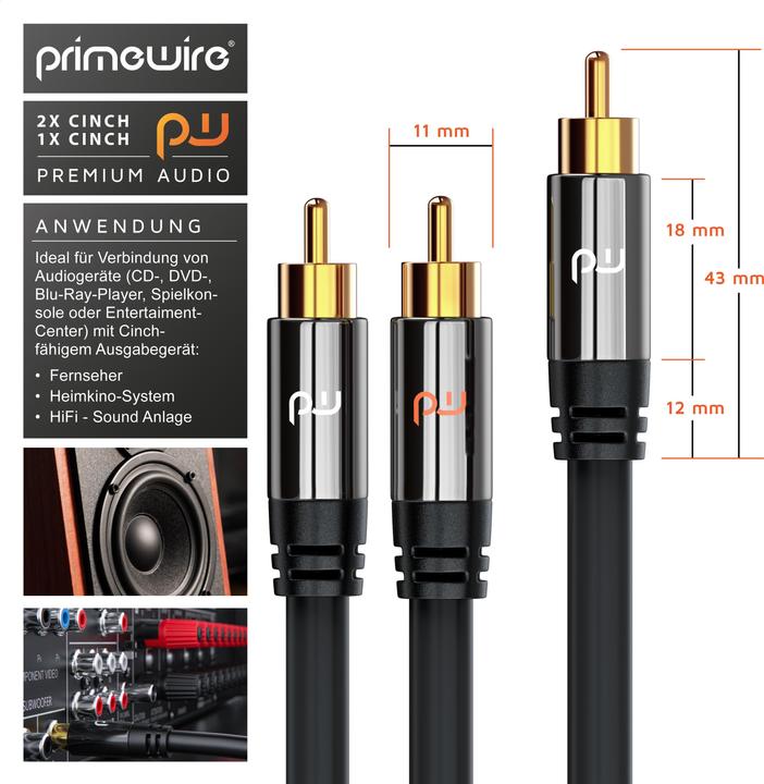 Produktbild Primewire Cinch Audio Kabel - Y-Cinch Koaxialkabel - Subwooferkabel - 1 Cinch-Stecker zu 2 Cinch-Stecker (7.50 m, Cinch)