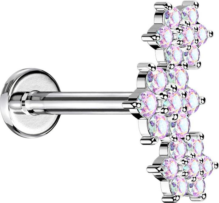 Produktbild Star Piercing Micro Labret Innengewinde silber drei Blumen Kristalle multicolor (Messing, Chirurgenstahl 316L)