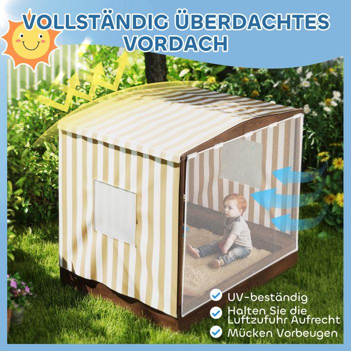 Produktbild Swisshandel24 Sandkasten mit Vordach und Netztür 142 x 101,5cm Sandkiste aus Holz mit Sitzbank