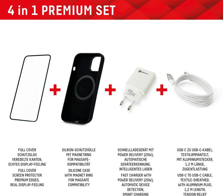 Immagine prodotto Displex Set Premium 4 in 1 (vetro blindato Full Cover, custodia protettiva, caricabatterie, cavo di (1 Pezzo/i, Apple iPhone 15 Plus)