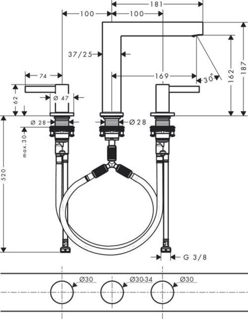 Produktbild hansgrohe HG 3-Loch-Waschtischarmatur FINORIS 160 m PO Ablaufgarnitur 1 1/4Zoll mattschwar
