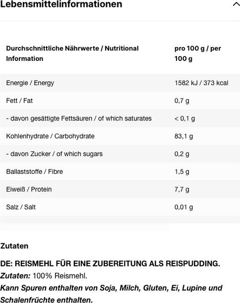 Nährwerte und Zutaten Inlead Instant Rice Pudding - Natural - 3000g (Neutral, 1 Stk., 3000 g)
