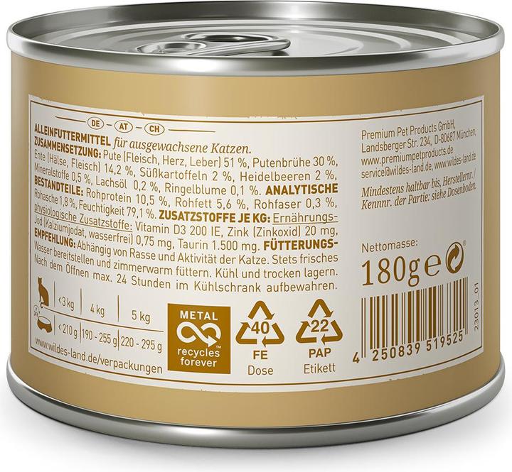 Nährwerte und Zutaten Wildes Land Nassfutter Ragout Ente & Pute 6 x 180 g (Adult, 6 Stk., 1080 g)
