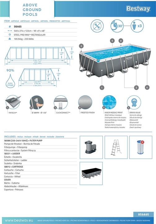 Produktbild Bestway Power Steel Frame Pool Komplett- Set, mit Sandfilteranlage, 549x274x122 (549 x 274 x 122 cm)