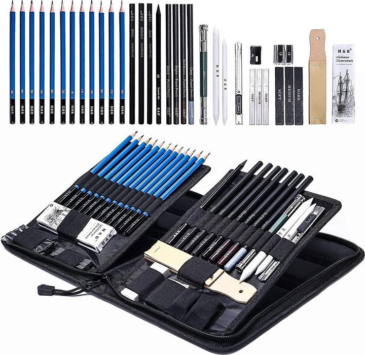 Image du produit I Am Creative Professionelles Skizzen Zubehör Set, Kohlenstifte / Bleistifte + Tasche 40-teilig (Noir, 40 x)