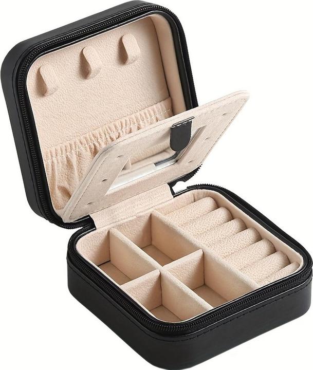 Actual product image Only-Bags.Store 1 Stück Mini-Reise-Schmuck-Organizer im klassischen Stil mit Spiegel, 3-lagiger Aufbewahrungskoffer