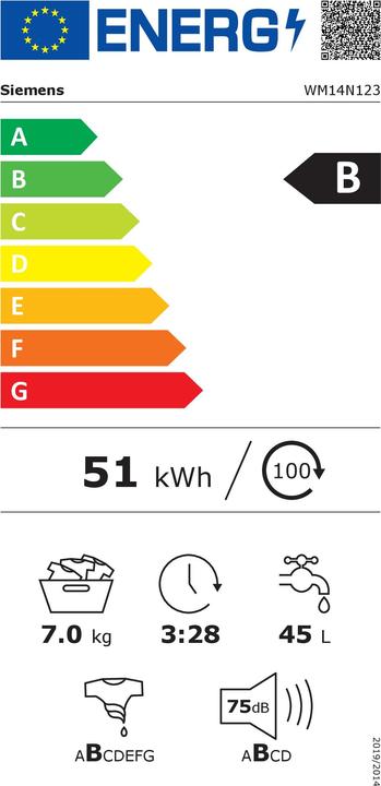 Energie-Label Siemens WM14N123 (7 kg, Links, EU-Stecker)