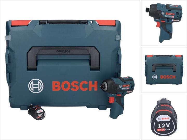 1x Bosch GDR 12V-110 Professional accuslagmoersleutel, 1x Bosch GBA 12 V 2,0 Ah oplaadbare accu (1600Z0002X), 1x L-Boxx 102 koffer (1600A012FZ), 1x passend inzetstuk, zonder oplader