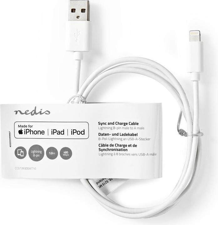 Produktbild Nedis Kabel 1.0m, Lightning->USB-A weiss (#=Bulk-Verpackung) (1 m, USB 2.0)