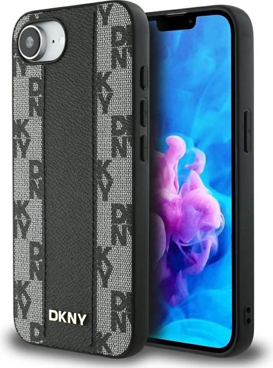 Produktbild DKNY Leather Checkered Mono Pattern MagSafe iPhone 16e Case - Black (Apple iPhone 16e)