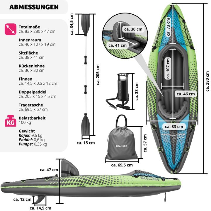Image du produit tectake Kayak gonflable Liberty, kit complet avec sac de transport (1 pers.)