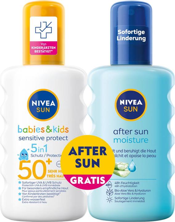 Produktbild NIVEA Mixpack Kids Sensitive Spray LSF50 400ml +After Sun Spray (Sonnenspray, SPF 50+, 400 ml, 458 g)