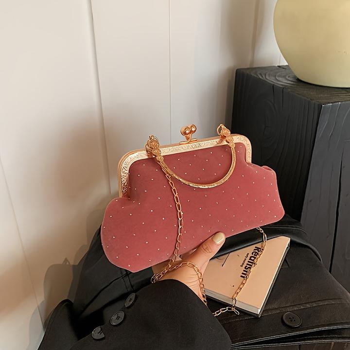 Only-Bags.Store Elegante Samt Abend Clutch mit Kiss Lock - Vintage-inspirierte Kette Crossbody Bag, perfekt für