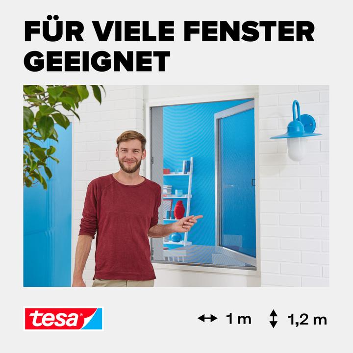 Produktbild tesa Insektenschutz Alu COMFORT für Fenster, mit Rahmen aus Aluminium, ohne Bohren (100 x 120 cm)