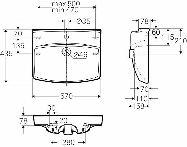 Actual product image Geberit Spira sink straight 57cm 15022 - mounting bolts/brackets, with tap hole and overflow. Depth