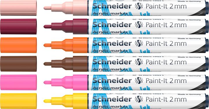 Immagine prodotto Schneider Matite acriliche Paint-It (set di 3 matite con punta da 2 mm, colori acrilici altamente coprenti (Pink, Giallo, Marrone, Albicocca, Borgogna, Arancia, 2 mm, 6 x)