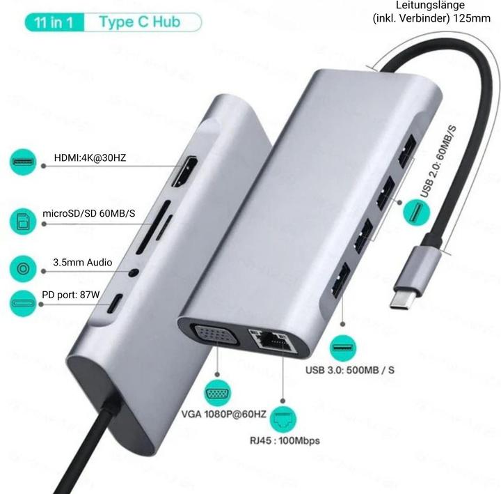 Immagine prodotto Hermex Docking station Hub multi USB USB-C 11in1 USB-A HDMI microSD/SD RJ45 AUX VGA (USB-C, 11 Porti)