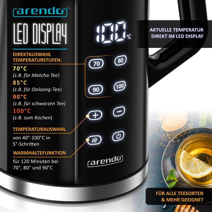 Image du produit Arendo Wasserkocher 1,7 L aus Edelstahl, Temperatureinstellung 40°-100°C mit Anzeige, Doppelwand, 2200 W (1.70 l)