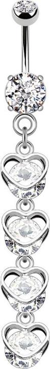Star Piercing Banane silber mit Anhänger vier Herzen mit Kristall (Messing, Chirurgenstahl 316L)