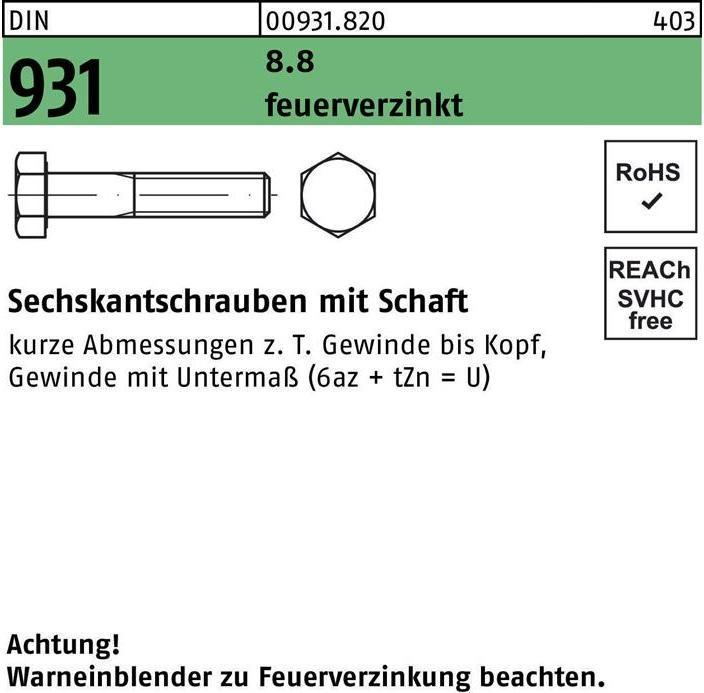 Produktbild Sechskantschraube DIN 931 m.Schaft M 16 x 190 8.8U feuerverzinkt (25 Schrauben pro Stück)