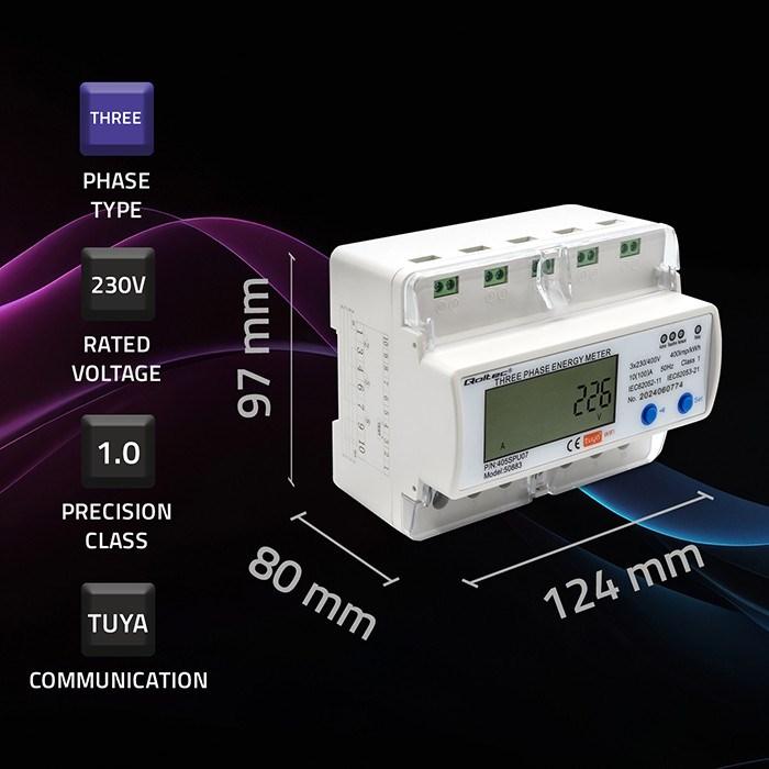 Actual product image Qoltec 50883 Three phase electronic energy consumption meter for DIN rail | Wi-Fi | TUYA | 400V | LC