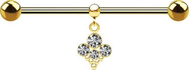 Produktbild Star Piercing Barbell vergoldet zwei Kugeln mit Kugel Ring Anhänger vier Kristalle silber mit fünf Kugeln (Chirurgenstahl 316L)