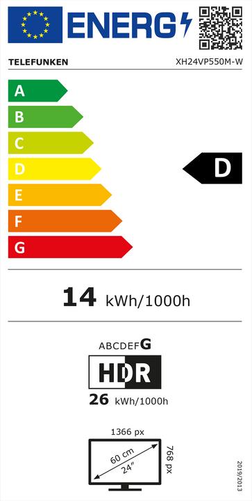Energy Label Telefunken Fernseher 24 Zoll Smart TV VIDAA XH24VP550M-W HD Fernseher HDR TV mit Triple-Tuner (24", LED, HD, 2025)